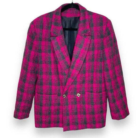 Vintage Pink Plaid Wool Blend Double Breasted Blazer Preppy Jacket No Size Tag - Picture 1 of 14